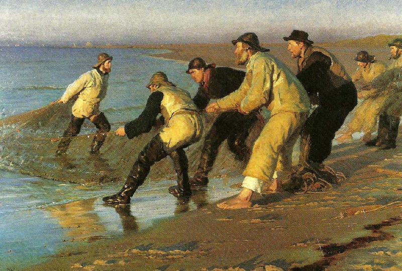 Peter Severin Kroyer fiskere traekker vod pa skagen nordstrand Germany oil painting art